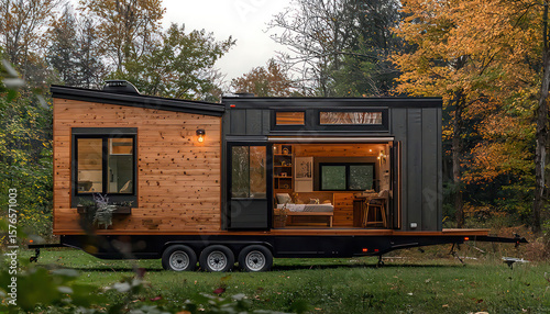 A modern tiny house with wood siding sits on a trailer in a forest during autumn