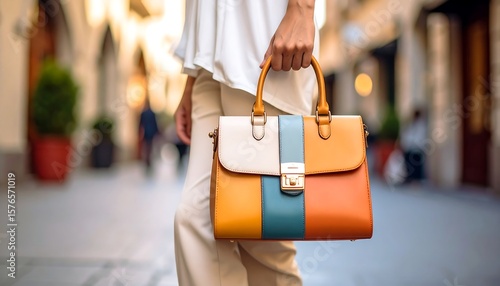 Woman carrying colorful handbag outdoors