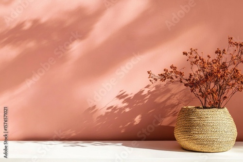 Decorative Vase With Dry Flowers on a Light Table Against a Soft Pink Wall Ca...