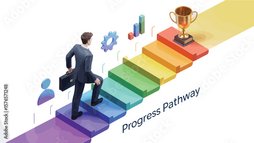 A businessman climbing colorful steps towards a trophy with career progression theme