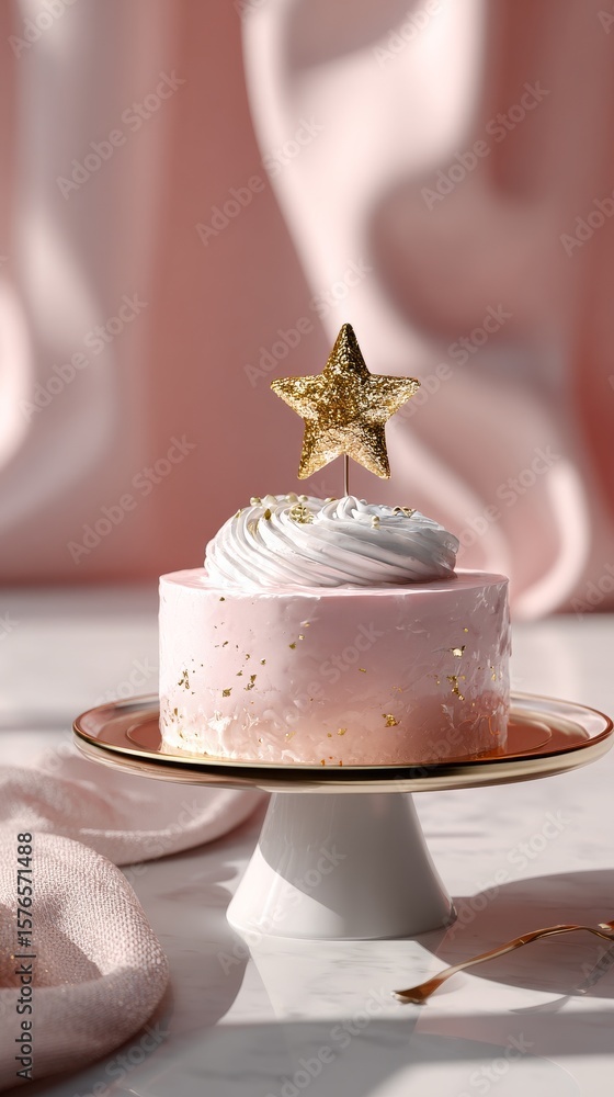 Fototapeta premium Delightful Pink Cake With Gold Star Decoration on a White Pedestal During a Sunny Afternoon