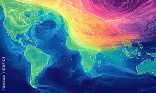 A vibrant rainbowcolored weather pattern swirls across a global map of the earth