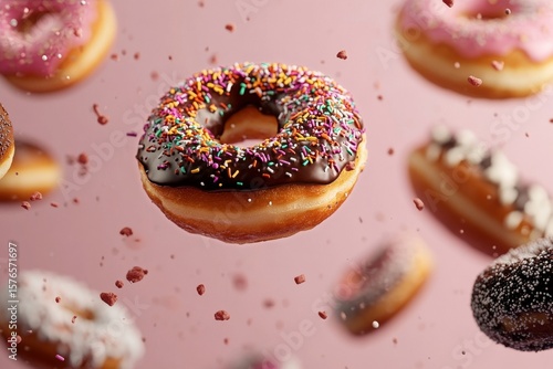Colorful Donuts Floating in Mid-Air Against a Pink Background During a Bright...