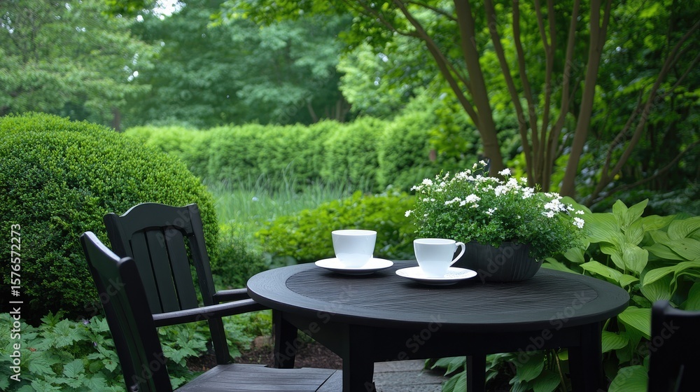Outdoor table and chairs in garden setting Outdoor table and chairs in garden setting