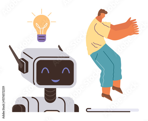 Smiling robot supporting a blind man holding a cane with glowing lightbulb above. Ideal for technology, accessibility, innovation, AI, disability inclusion, assistive devices, supportive solutions
