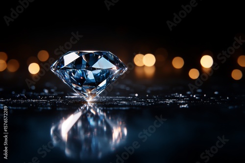 Shining Diamond Reflecting Light in a Dark Environment With Blurred Lights in...