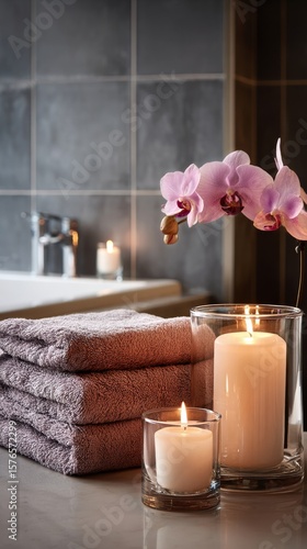 Serene Spa Setting With Candles and Towels Alongside Elegant White Flowers