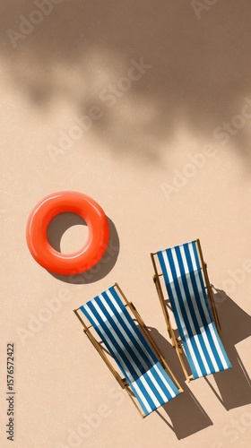 Relaxation on the Beach With Sun Loungers and a Swimming Ring Near Gentle Waves