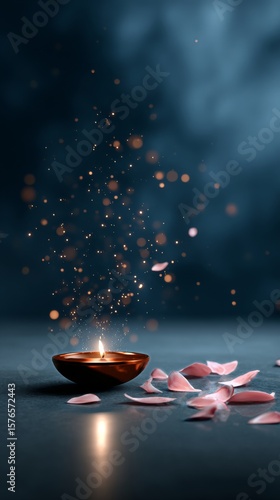 Floating Petals and a Glowing Candle Create a Tranquil Atmosphere During a Fe...