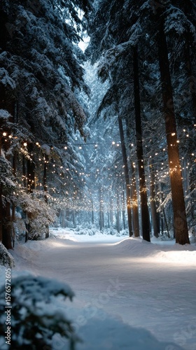 Snowy Forest Path Adorned With Warm Lights During Winter Twilight