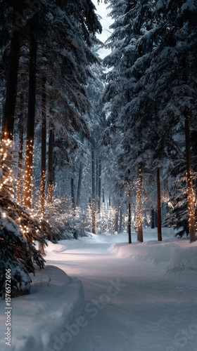 Snowy Forest Path Adorned With Warm Lights During Winter Twilight