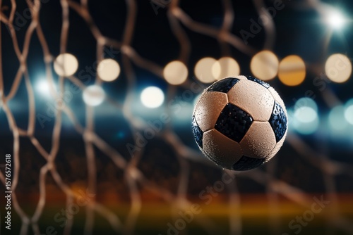 Soccer Ball Hits the Net During an Exciting Match Under Stadium Lights at Night