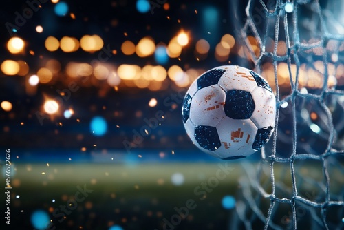 Soccer Ball Hits the Net During an Exciting Match Under Stadium Lights at Night