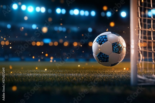 Soccer Ball in Motion Approaching the Goal During a Nighttime Match in an Ill...