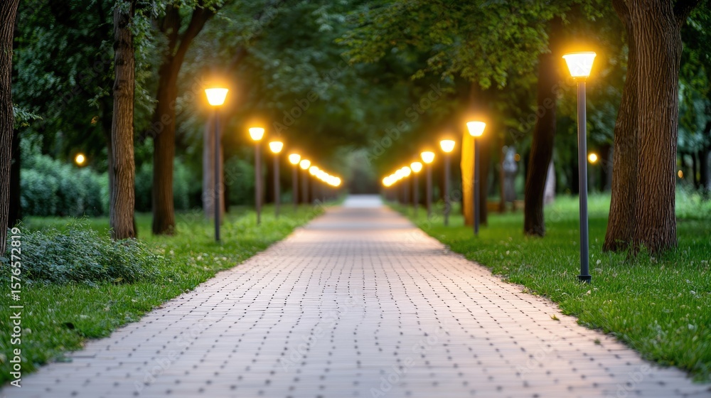 Obraz premium Park pathway at twilight with streetlights