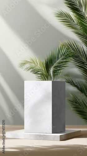 Modern Minimalist Display With White Pedestal and Tropical Foliage in Soft Na...