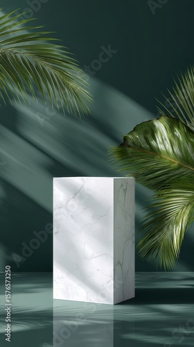 Minimalist Marble Pedestal Surrounded by Tropical Greenery in Bright Natural ...