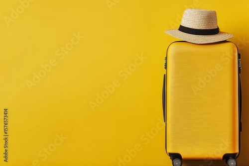 Bright Yellow Suitcase With Straw Hat Against a Vibrant Yellow Background in ...