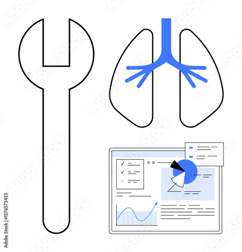 Wrench, lungs diagram, analytics dashboard with charts and graphs. Ideal for healthcare, technology, medicine, diagnostics, data science, innovation and simple landing page