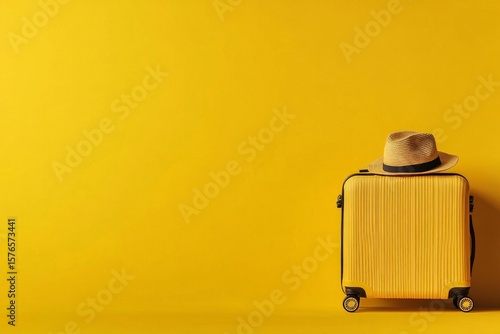 Bright Yellow Suitcase With Straw Hat Against a Vibrant Yellow Background in ...