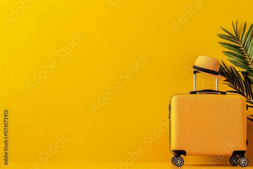 Bright Yellow Suitcase With Straw Hat Against a Vibrant Yellow Background in ...