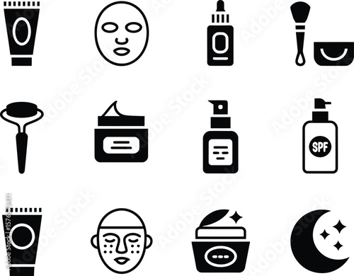 Collection of black and white icons representing skincare products and beauty treatments