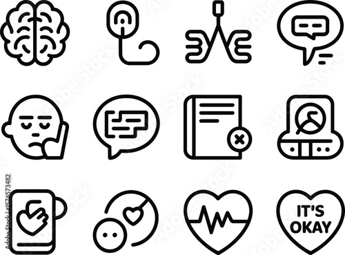 Collection of mental health and well being icons in a simple line art style
