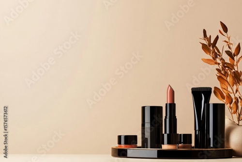 Makeup Arrangement on a Tray With Natural Elements on a Warm Background in a ...