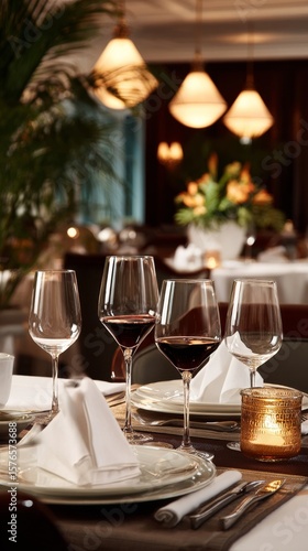 Elegant Dining Setup Featuring Wine Glasses and Fine Tableware in a Luxurious...