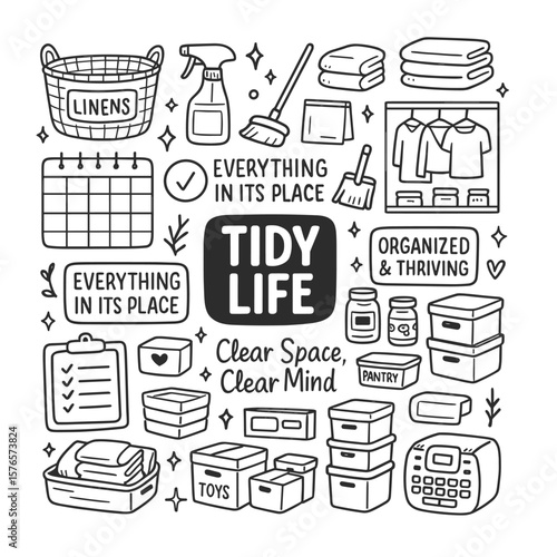Hand-Drawn Illustration of Tidy Life and Clear Space - Set of Doodle Art for Organization and Cleaning