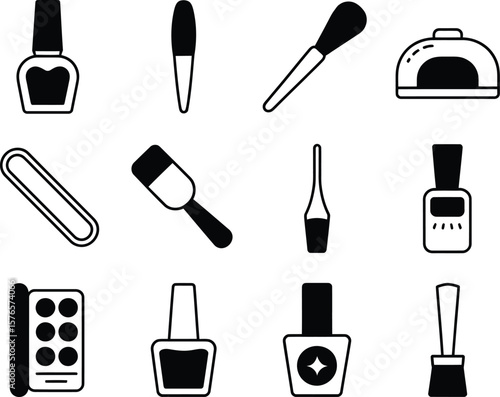 Collection of black and white icons for nail care and beauty salon services