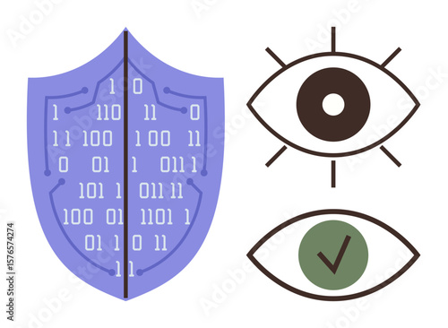 Digital shield covered in binary code next to two eyes representing surveillance and security validation. Ideal for cybersecurity, data protection, privacy, encryption, network monitoring, secure