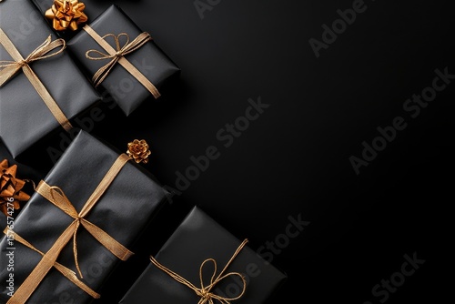 Elegant Black Gift Boxes With Golden Ribbons Arranged Stylishly on a Dark Sur...