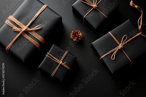 Elegant Black Wrapped Gifts Tied With Twine on a Dark Surface for Special Occ...