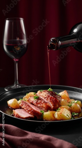 Juicy Steak With Roasted Potatoes Drizzled With Rich Sauce on a Dark Plate Du...