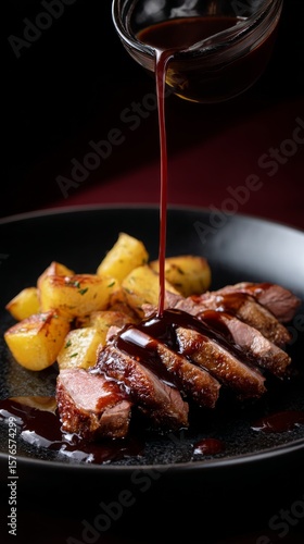Juicy Steak With Roasted Potatoes Drizzled With Rich Sauce on a Dark Plate Du...