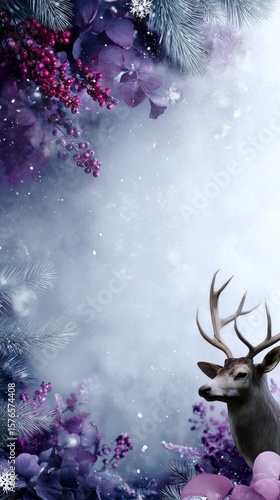 Deer Among Winter Foliage and Frost With Purple Berries and Snowflakes in a S...