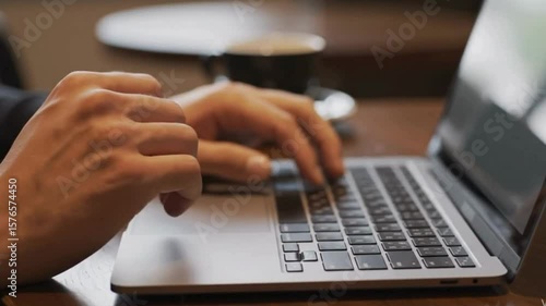 Close-up of hands typing on a laptop keyboard in a cozy indoor setting, working or studying with a cup of coffee nearby.