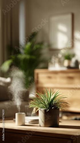 Cozy Indoor Living Space With a Green Plant and Steam Rising From a Cup