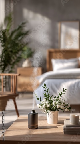 Cozy Indoor Living Space With a Green Plant and Steam Rising From a Cup