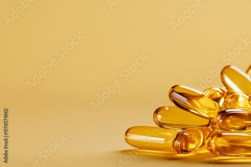 Close up of Transparent Capsules on a Yellow Background Showcasing Health Sup...