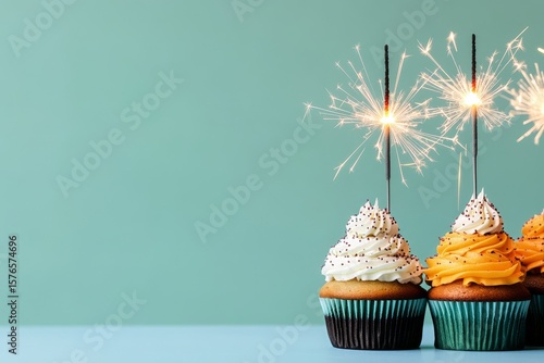 Colorful Cupcakes With Sparkler Candles Celebrating a Festive Occasion Indoors