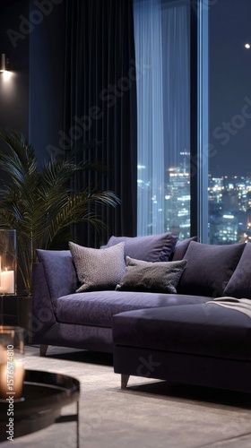 Modern Living Room With a Purple Sofa and City Skyline View During Nighttime