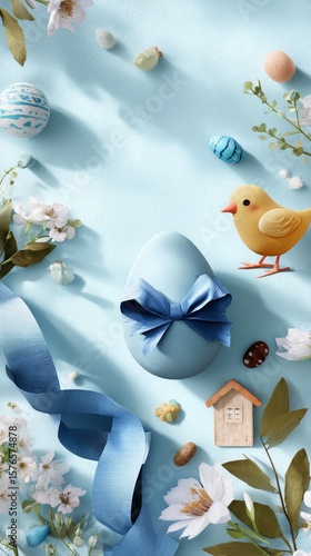 Colorful Easter Decorations With Blue Egg and Spring Flowers on Light Background