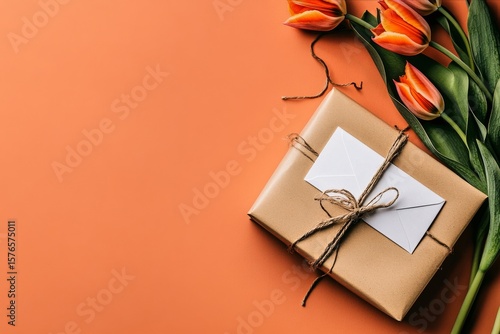 Gift Wrapped in Brown Paper With a Blank Note Beside Fresh Tulips on a Warm O...