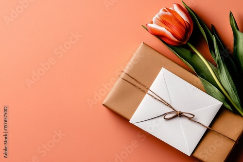 Gift Wrapped in Brown Paper With Green Foliage and Tulips on a Soft Beige Sur...