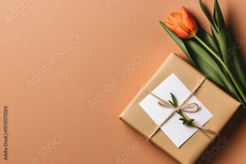 Gift Wrapped in Brown Paper With a Blank Note Beside Fresh Tulips on a Warm O...