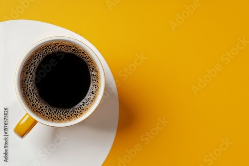 Coffee Cup on Vibrant Yellow Background With Contrasting White Surface for Ey...