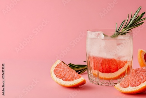 Refreshing Grapefruit Cocktail With Rosemary Garnished on a Pink Background