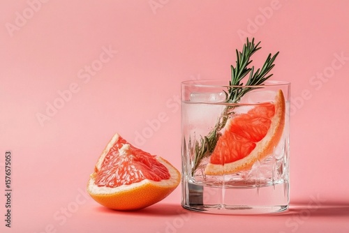 Refreshing Grapefruit Cocktail With Rosemary Garnished on a Pink Background